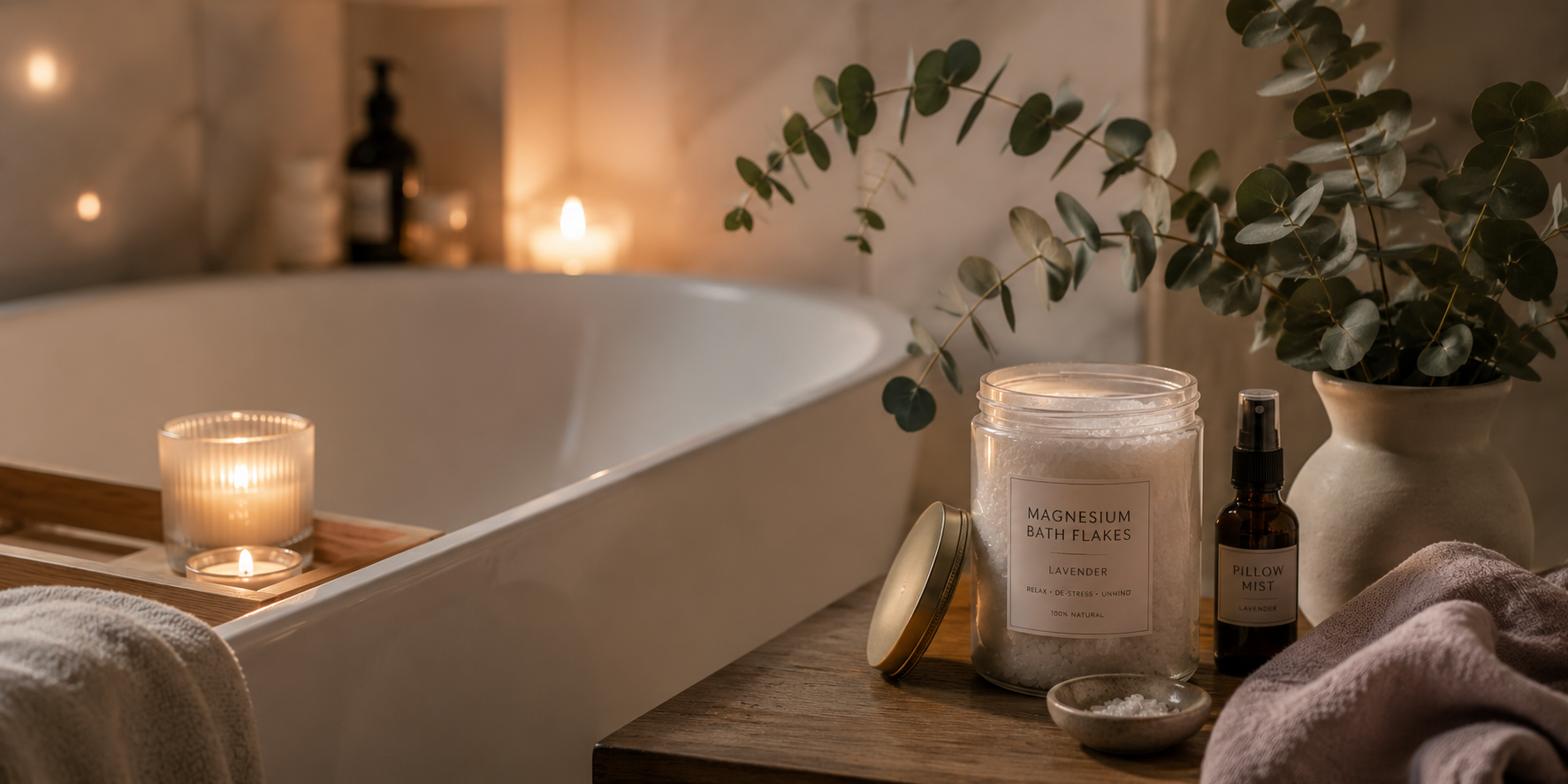 Soft-lit bathroom with eucalyptus and bath ritual products