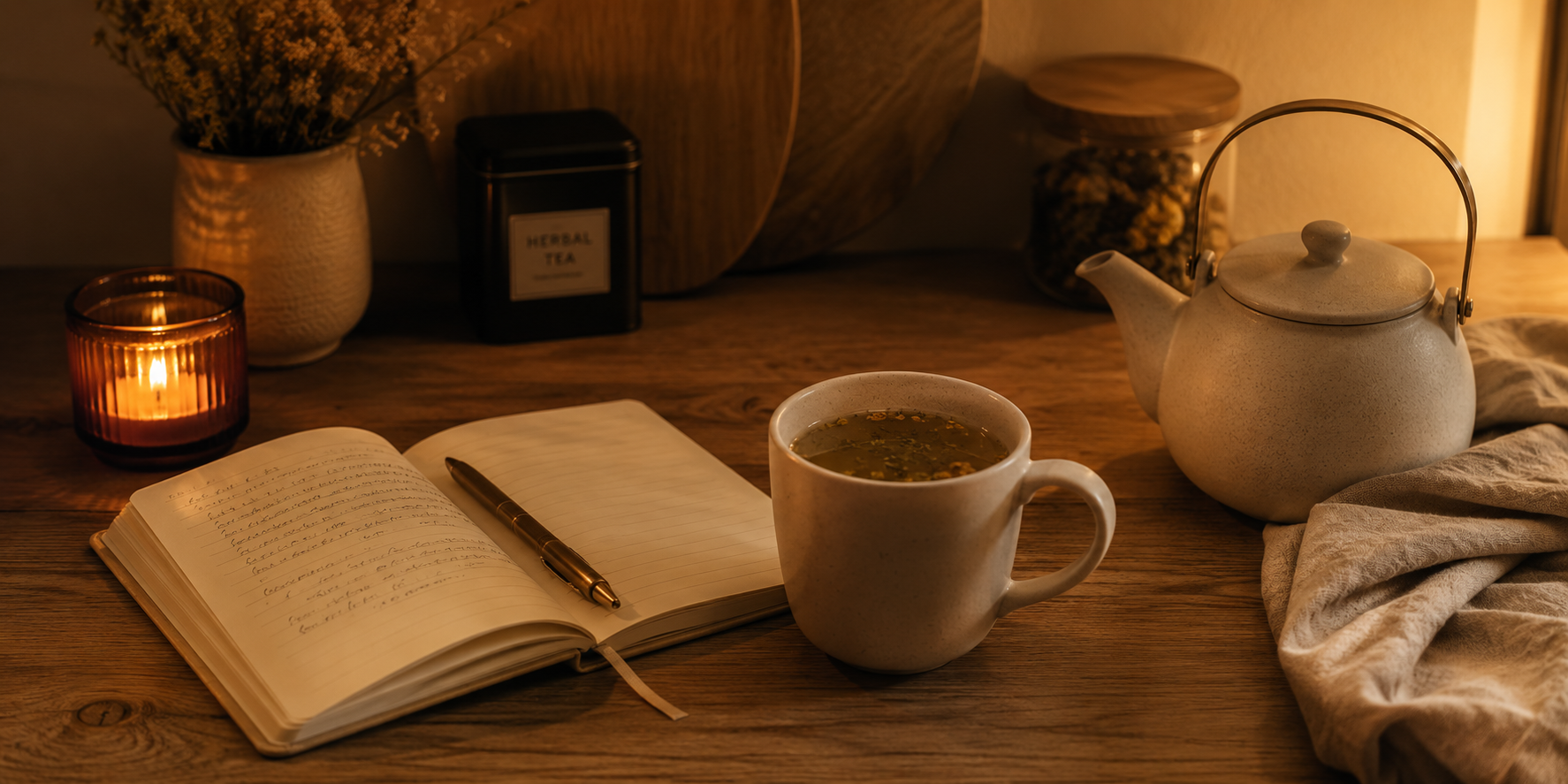 Ceramic mug with herbal tea in a quiet evening kitchen